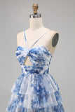 Green Floral A Line Spaghetti Straps Short Tiered Prom Dress with Ruffles