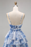 Green Floral A Line Spaghetti Straps Short Tiered Prom Dress with Ruffles