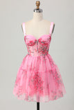 Pink Floral Corset Short A Line Prom Dress with Ruffles