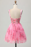 Pink Floral Corset Short A Line Prom Dress with Ruffles