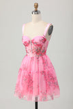Pink Floral Corset Short A Line Prom Dress with Ruffles