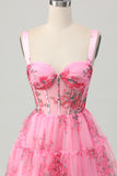 Pink Floral Corset Short A Line Prom Dress with Ruffles