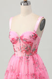 Pink Floral Corset Short A Line Prom Dress with Ruffles