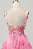 Pink Floral Corset Short A Line Prom Dress with Ruffles