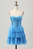 Fuchsia Ruffled Corset Sweetheart Short Prom Dress with Appliques