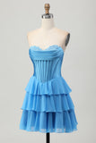 Fuchsia Ruffled Corset Sweetheart Short Prom Dress with Appliques
