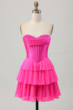 Fuchsia Ruffled Corset Sweetheart Short Prom Dress with Appliques