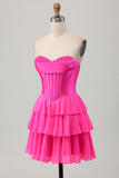 Fuchsia Ruffled Corset Sweetheart Short Prom Dress with Appliques