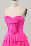 Fuchsia Ruffled Corset Sweetheart Short Prom Dress with Appliques