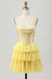 Fuchsia Ruffled Corset Sweetheart Short Prom Dress with Appliques