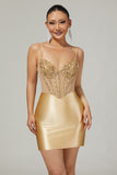Sparkly Golden Corset Satin Tight Mini Prom Dress with Rhinestones