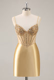 Sparkly Golden Corset Satin Tight Mini Prom Dress with Rhinestones