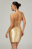 Sparkly Golden Corset Satin Tight Mini Prom Dress with Rhinestones