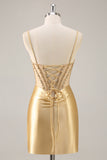 Sparkly Golden Corset Satin Tight Mini Prom Dress with Rhinestones