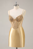 Sparkly Golden Corset Satin Tight Mini Prom Dress with Rhinestones