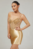 Sparkly Golden Corset Satin Tight Mini Prom Dress with Rhinestones