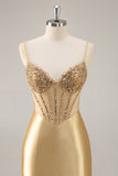 Sparkly Golden Corset Satin Tight Mini Prom Dress with Rhinestones