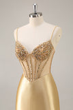 Sparkly Golden Corset Satin Tight Mini Prom Dress with Rhinestones