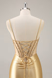 Sparkly Golden Corset Satin Tight Mini Prom Dress with Rhinestones
