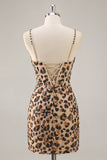 Sparkly Khaki Leopard Sequin Corset Tight Mini Prom Dress