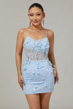 Sparkly Blue Tight Floral Corset Short Appliqued Prom Dress with Sequins