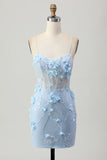 Sparkly Blue Tight Floral Corset Short Appliqued Prom Dress with Sequins