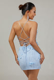 Sparkly Blue Tight Floral Corset Short Appliqued Prom Dress with Sequins