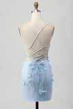 Sparkly Blue Tight Floral Corset Short Appliqued Prom Dress with Sequins