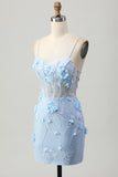 Sparkly Blue Tight Floral Corset Short Appliqued Prom Dress with Sequins