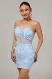 Sparkly Blue Tight Floral Corset Short Appliqued Prom Dress with Sequins