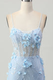 Sparkly Blue Tight Floral Corset Short Appliqued Prom Dress with Sequins