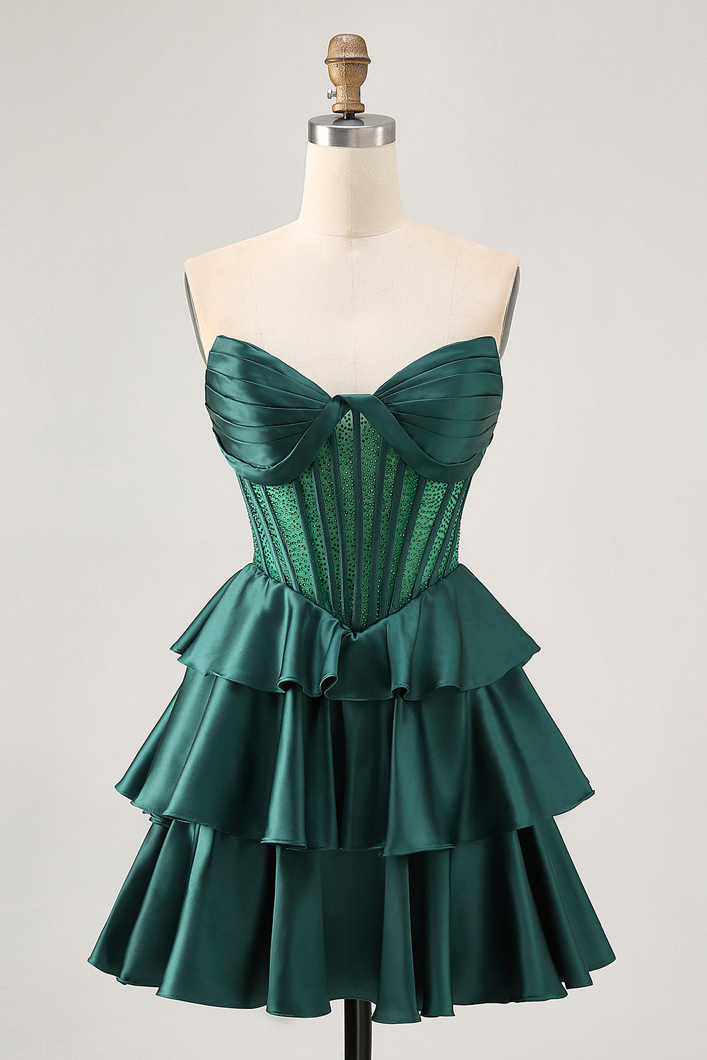 short corset prom dresses Leely Women Sparkly Dark Green Short Corset Prom Dress with Beading Satin Strapless Tiered A Line Cocktail Dress with Ruffles – leelyuk