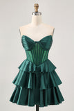 Sparkly Dark Green Tiered Short Corset Prom Dress with Beading