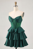 Sparkly Dark Green Tiered Short Corset Prom Dress with Beading