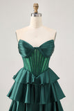 Sparkly Dark Green Tiered Short Corset Prom Dress with Beading