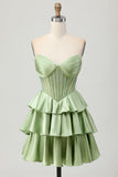 Sparkly Green Corset Ruffled Short Prom Dress with Beading