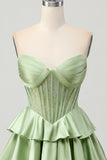 Sparkly Green Corset Ruffled Short Prom Dress with Beading