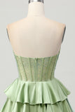 Sparkly Green Corset Ruffled Short Prom Dress with Beading