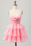 Blush Strapless Floral Tiered Short Prom Dress with Ruffles