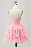 Blush Strapless Floral Tiered Short Prom Dress with Ruffles