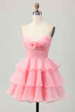Blush Strapless Floral Tiered Short Prom Dress with Ruffles