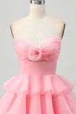 Blush Strapless Floral Tiered Short Prom Dress with Ruffles