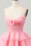 Blush Strapless Floral Tiered Short Prom Dress with Ruffles