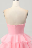 Blush Strapless Floral Tiered Short Prom Dress with Ruffles