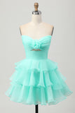 Blush Strapless Floral Tiered Short Prom Dress with Ruffles