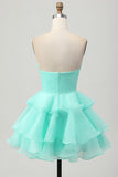 Green Floral Strapless Ruched Short A Line Prom Dress with Ruffles
