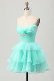 Blush Strapless Floral Tiered Short Prom Dress with Ruffles