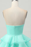 Green Floral Strapless Ruched Short A Line Prom Dress with Ruffles