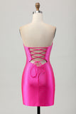 Sparkly Fuchsia Tight Sweetheart Keyhole Short Beaded Prom Dress
