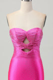 Sparkly Fuchsia Tight Sweetheart Keyhole Short Beaded Prom Dress